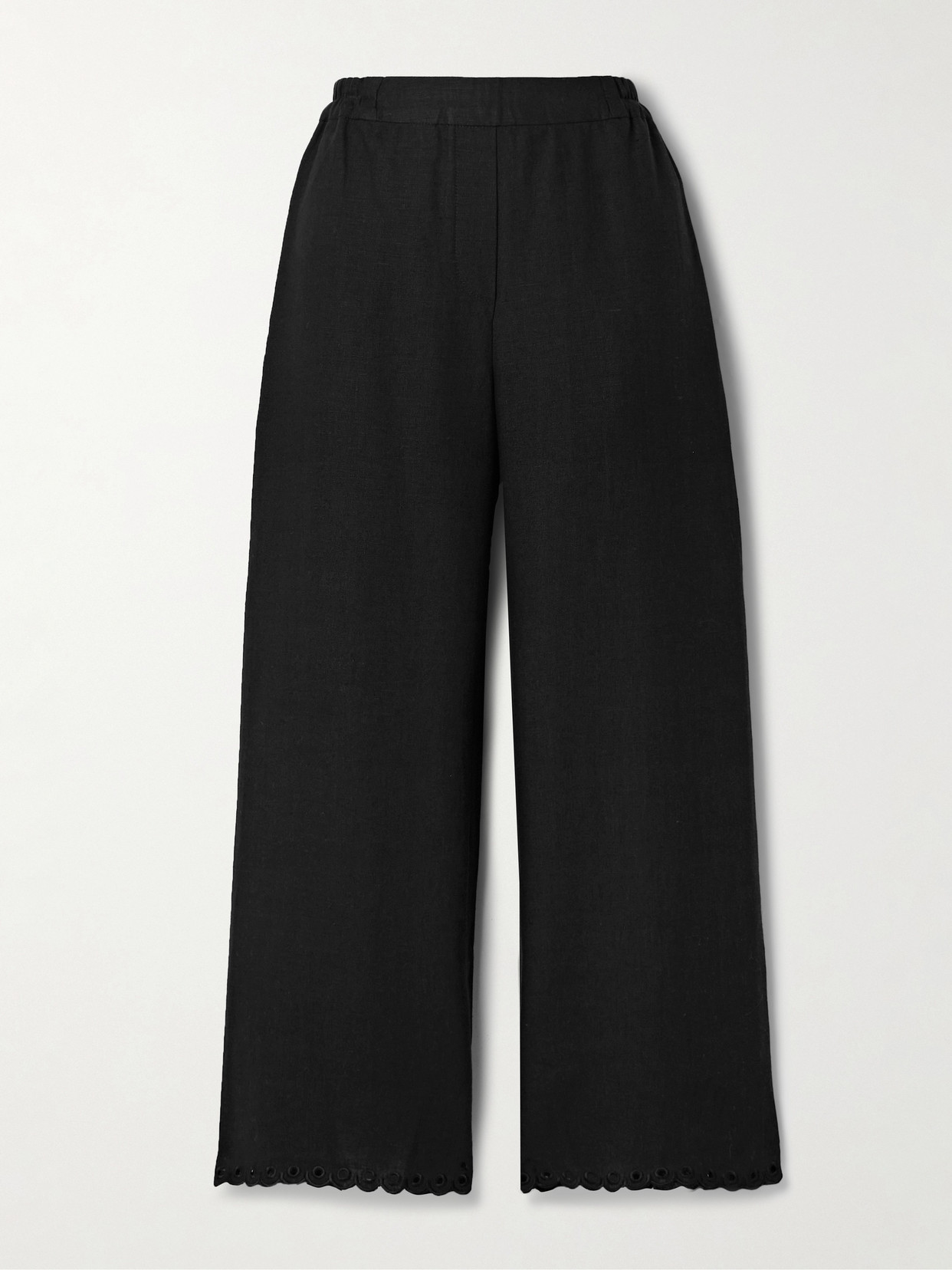 Sleeper Sofia Broderie Anglaise-trimmed Linen Pyjama Trousers In Black