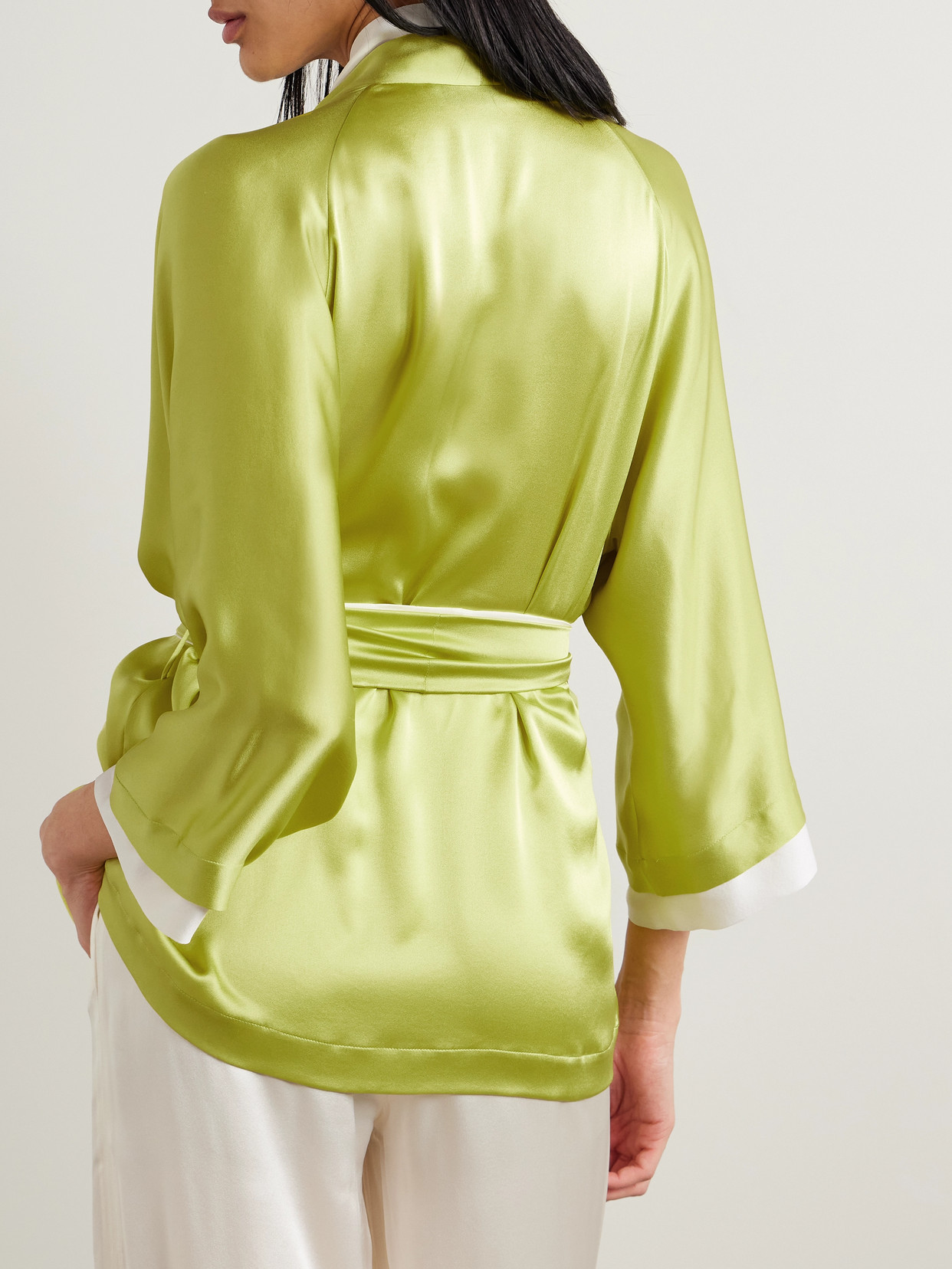 Carine Gilson Belted Lace-trimmed Two-tone Silk-satin Robe In Yellow