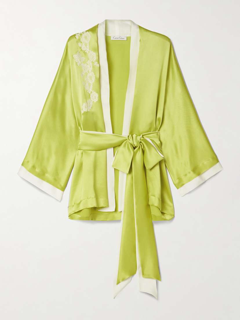 Carine Gilson Belted Lace-trimmed Two-tone Silk-satin Robe