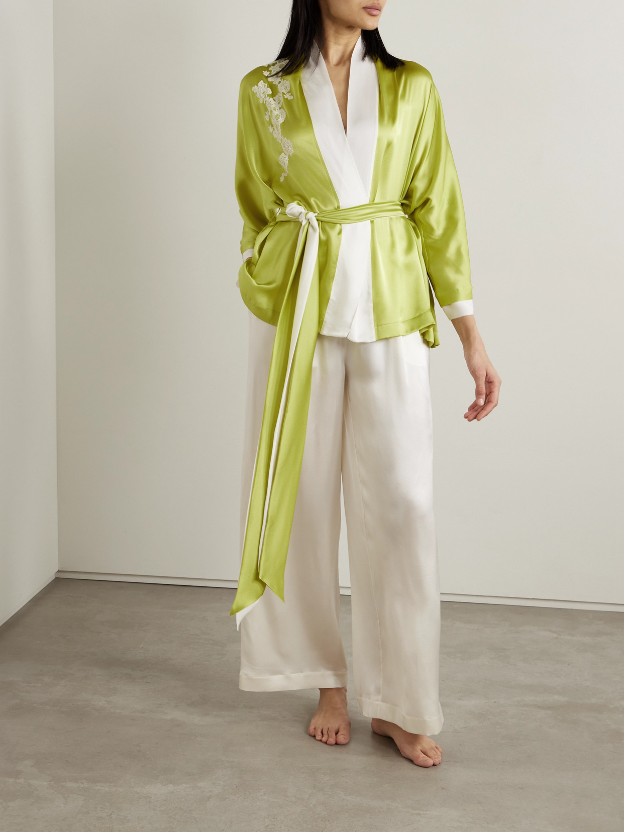 Shop Carine Gilson Belted Lace-trimmed Two-tone Silk-satin Robe In Yellow