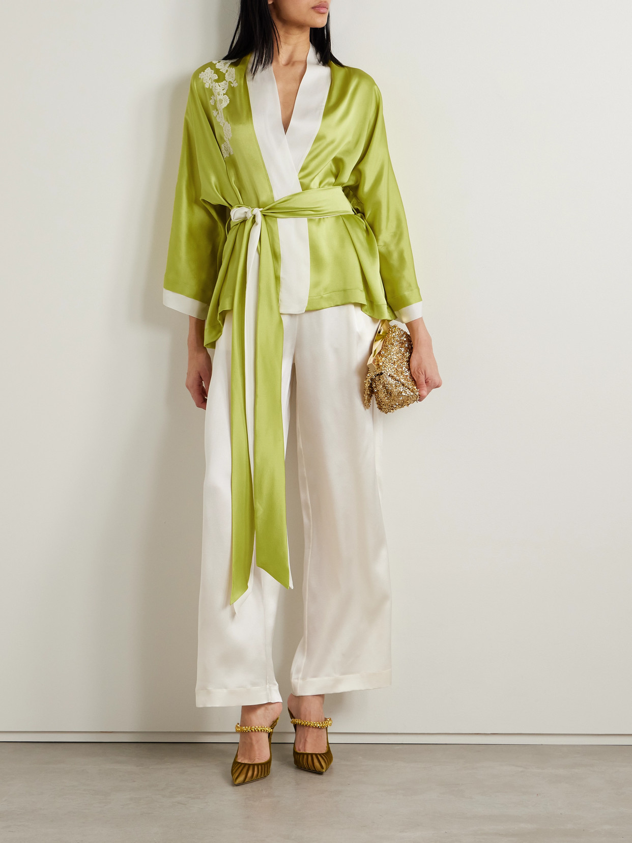 Shop Carine Gilson Belted Lace-trimmed Two-tone Silk-satin Robe In Yellow