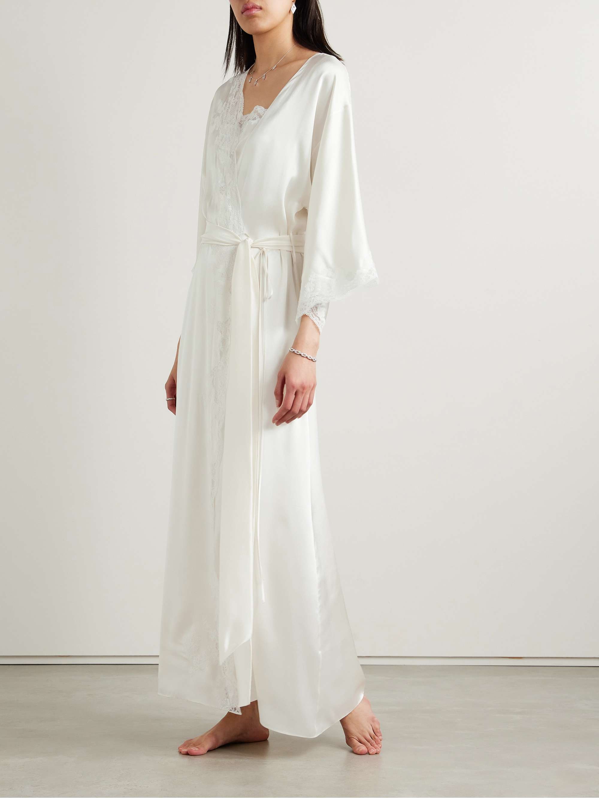 Belted lace-trimmed silk-satin robe