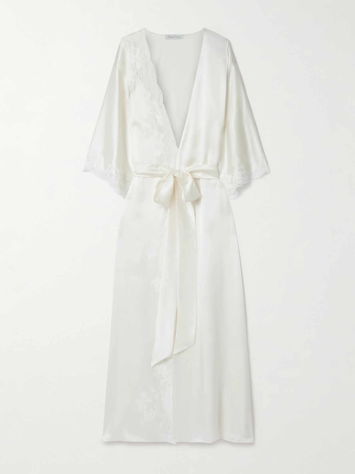 Carine Gilson Belted Lace-trimmed Silk-satin Robe In Ivory