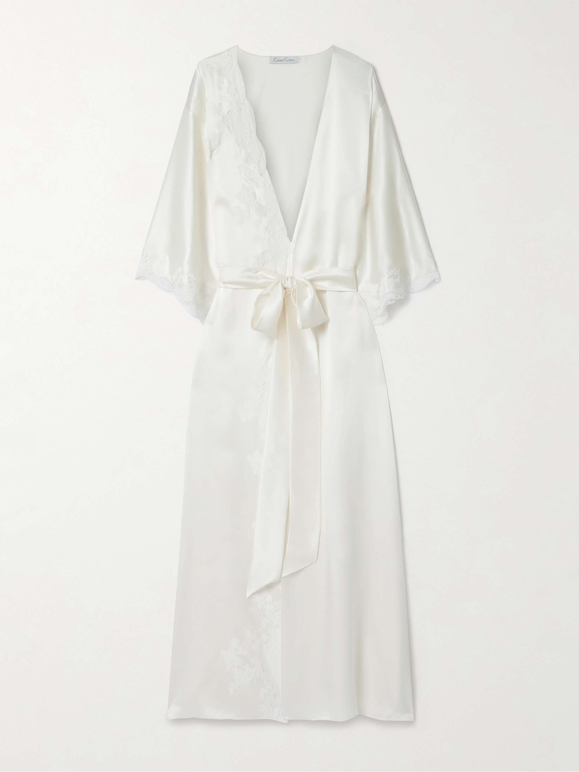 Belted lace-trimmed silk-satin robe