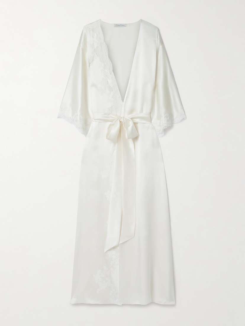Carine Gilson Belted Lace-trimmed Silk-satin Robe - x large