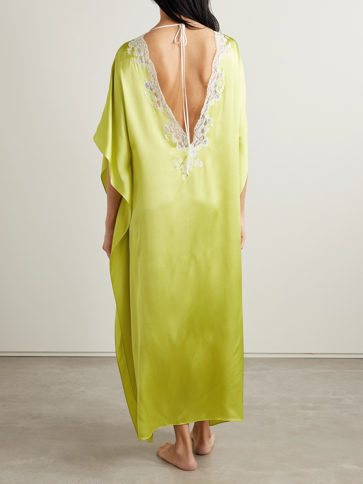 Shop Carine Gilson Lace-trimmed Silk-satin Kaftan In Yellow