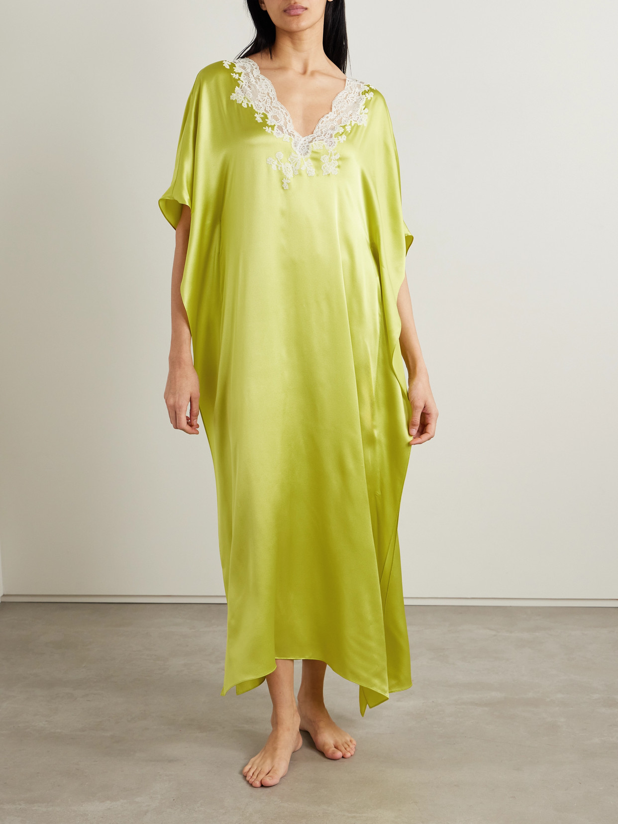 Shop Carine Gilson Lace-trimmed Silk-satin Kaftan In Yellow