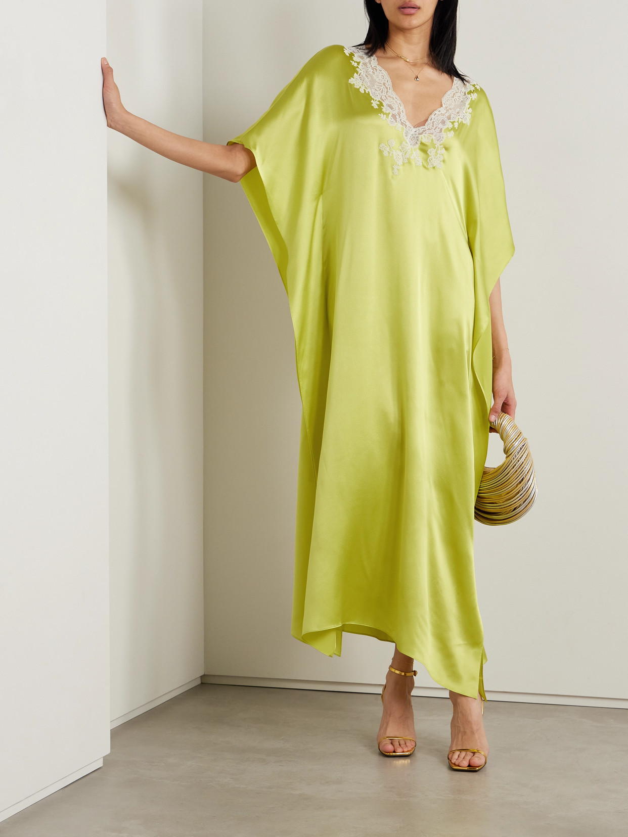 Shop Carine Gilson Lace-trimmed Silk-satin Kaftan In Yellow