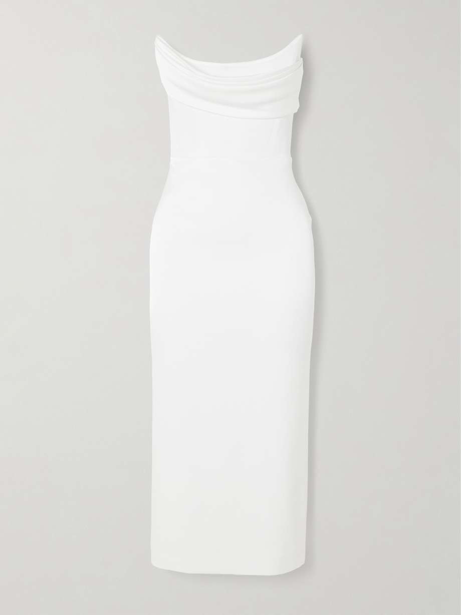 strapless draped satin-crepe midi dress