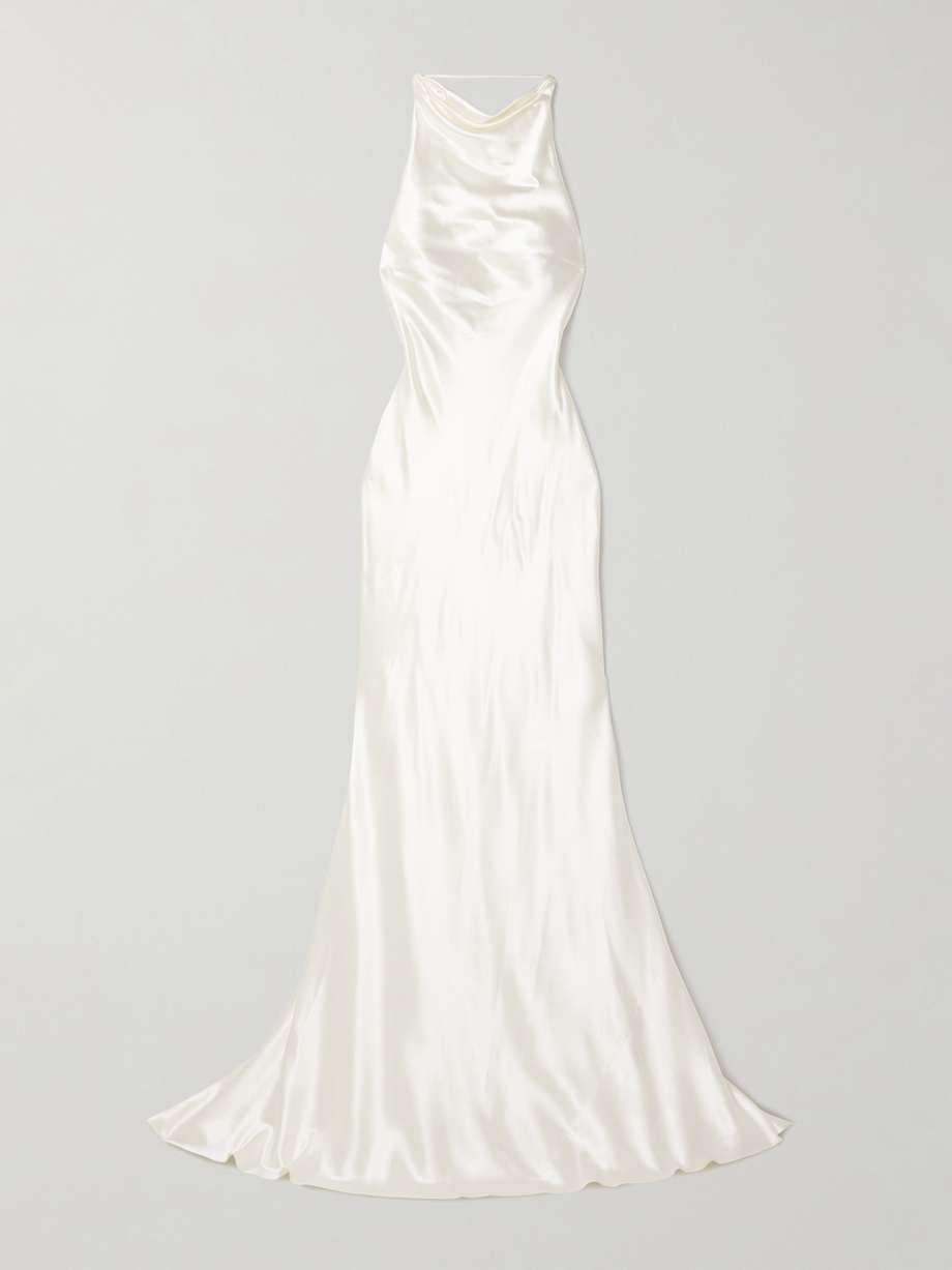 stella open-back silk and wool-blend satin halterneck gown