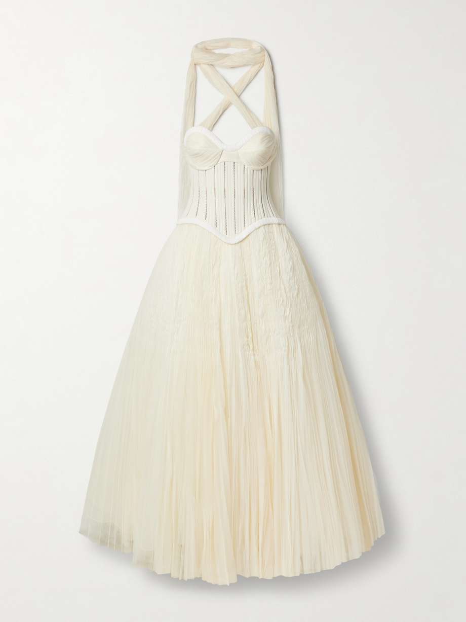 anika strapless plissé satin-trimmed twill and tulle gown
