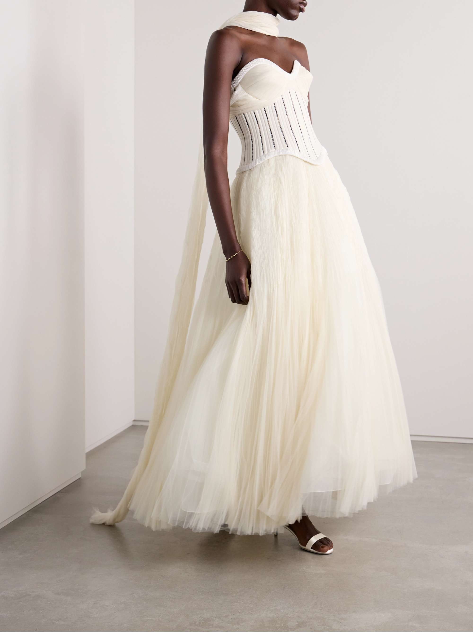 DANIELLE FRANKEL Anika strapless plissé satin-trimmed twill and tulle ...