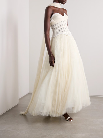 Danielle Frankel Anika strapless plissé satin-trimmed twill and tulle gown