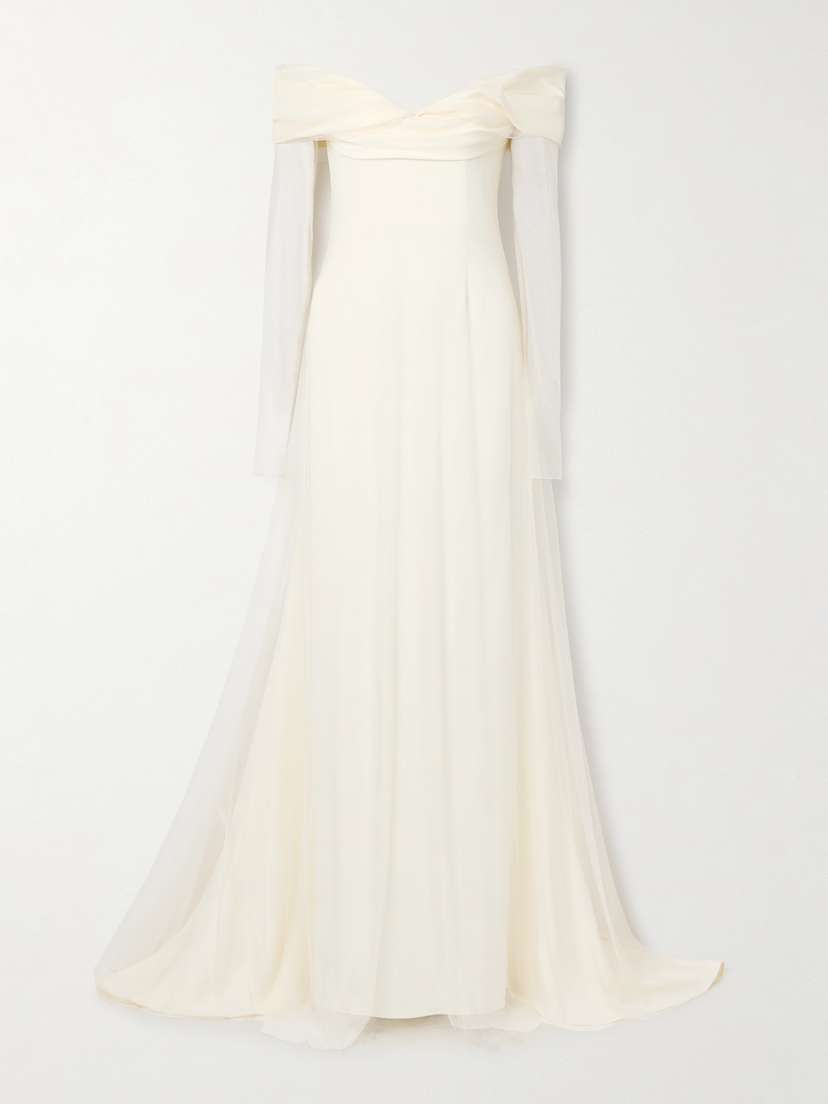 Danielle Frankel Eloise Off-the-shoulder Layered Tulle And Cady Gown