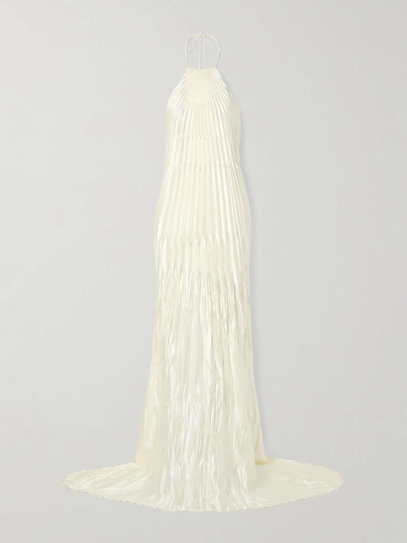 Danielle Frankel Sinclair Embellished Wool And Silk-blend Plissé-mikado Halterneck Gown