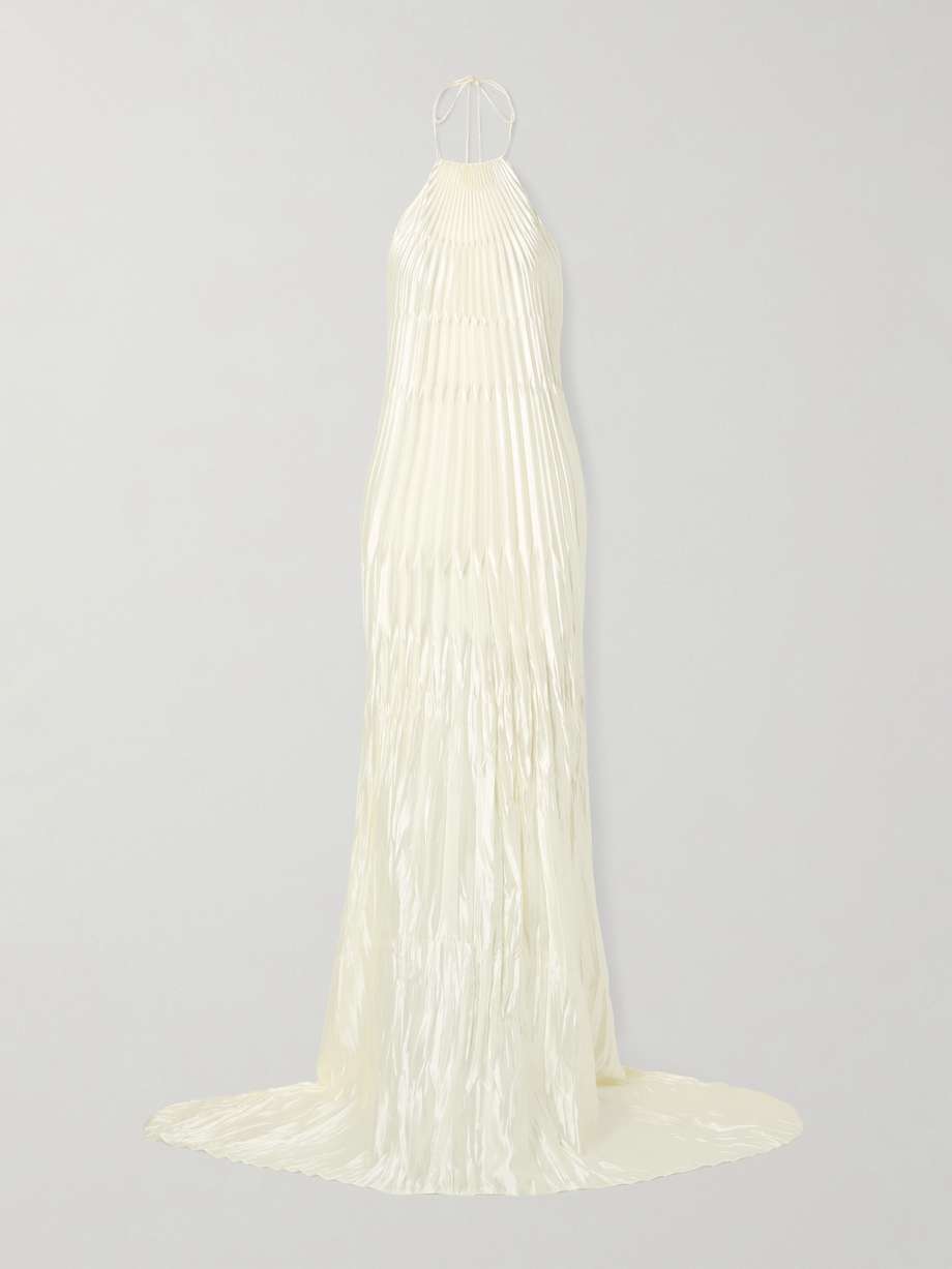 sinclair embellished wool and silk-blend plissé-mikado halterneck gown