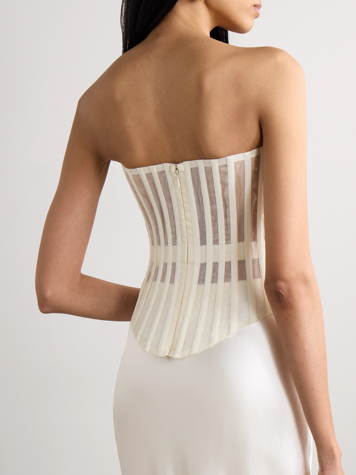Danielle Frankel Milo Organza And Grosgrain-trimmed Ruched Tulle Bustier Top In Off-white