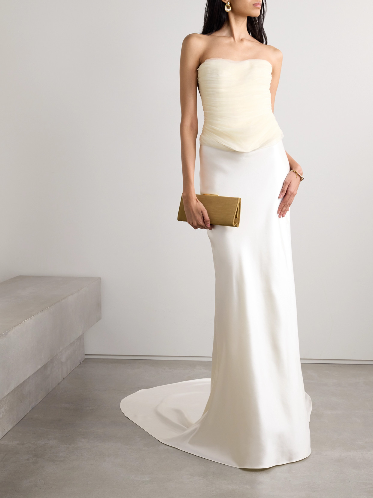 Danielle Frankel Milo Organza And Grosgrain-trimmed Ruched Tulle Bustier Top In Off-white