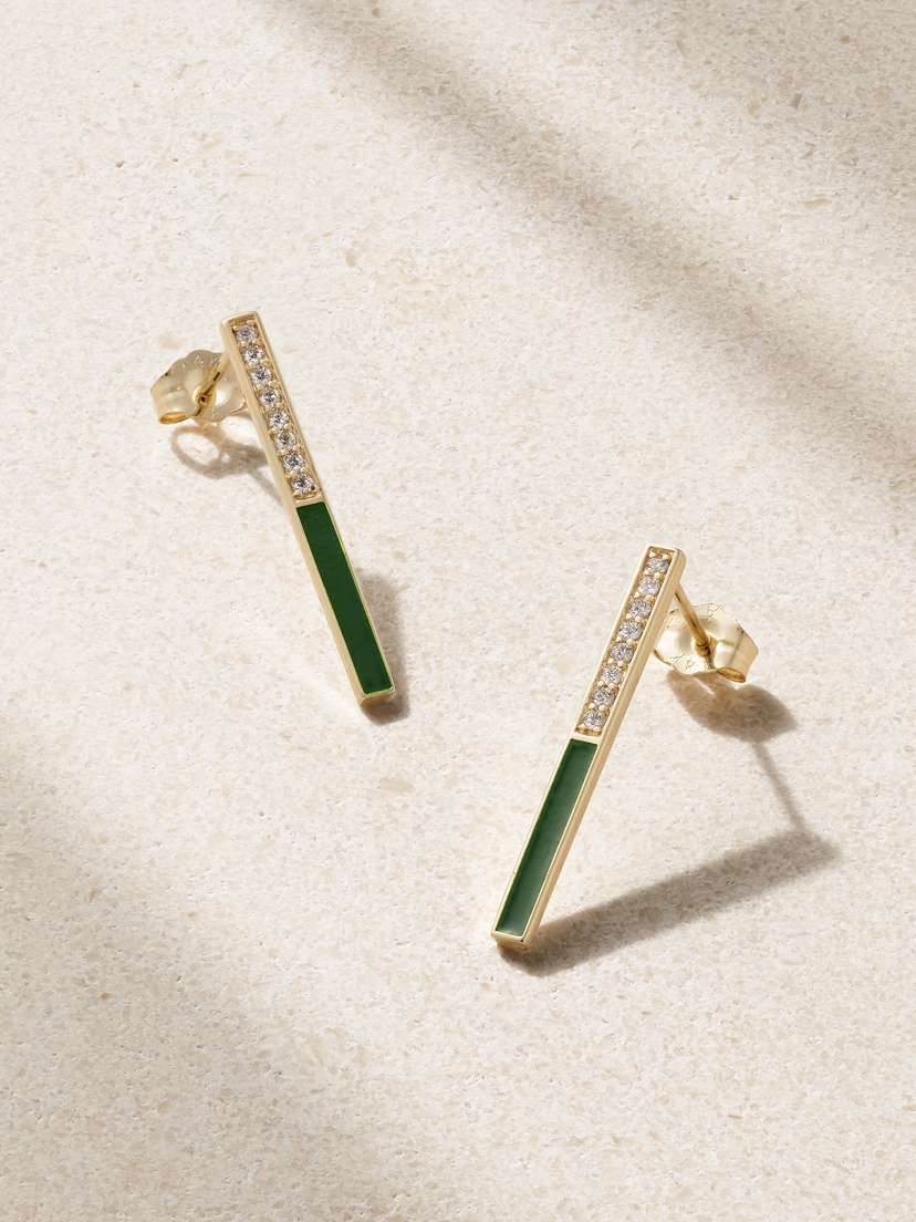 Alison Lou Medium Linear 14-karat Gold, Diamond And Enamel Earrings