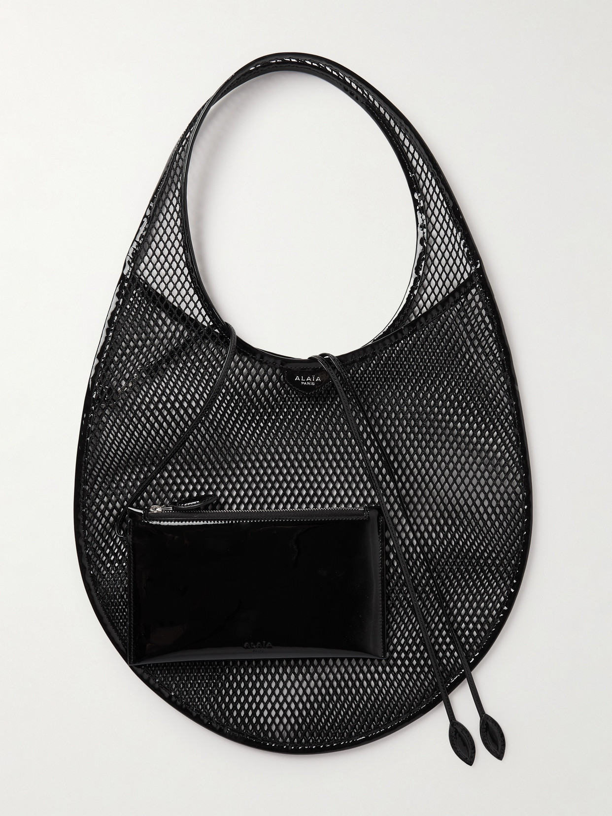 Alaïa Patent-leather Trimmed Mesh Shoulder Bag In Black