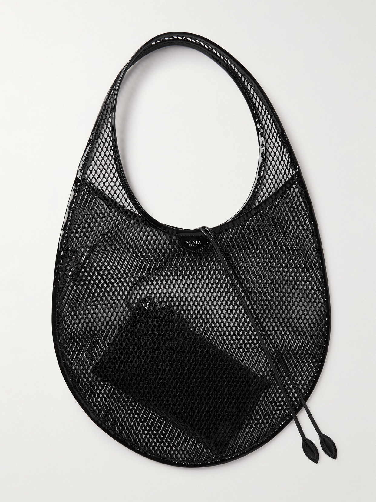 Alaïa Patent-leather Trimmed Mesh Shoulder Bag In Black
