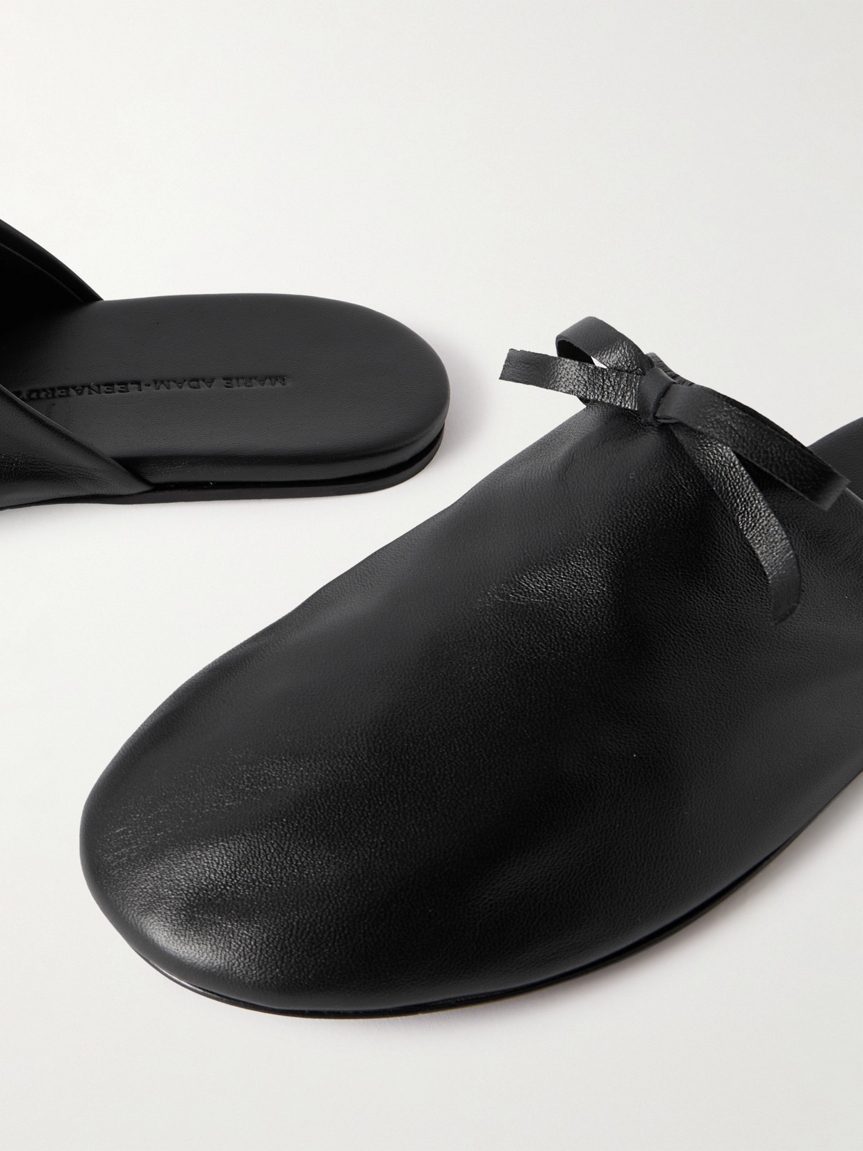 Marie Adam-leenaerdt Bow-embellished Leather Slippers In Black