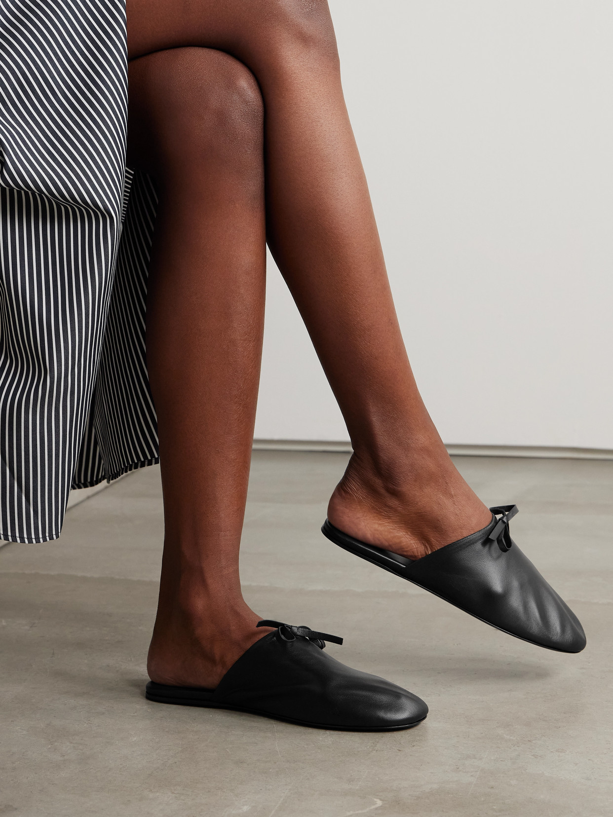 Marie Adam-leenaerdt Bow-embellished Leather Slippers In Black