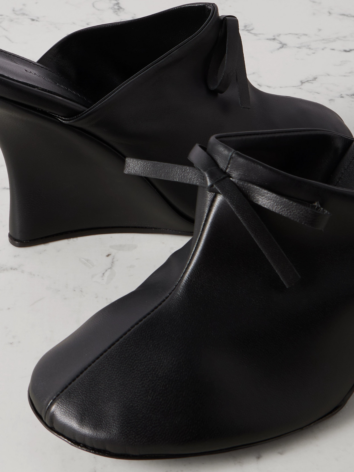 Marie Adam-leenaerdt Bow-embellished Leather Wedge Mules In Black