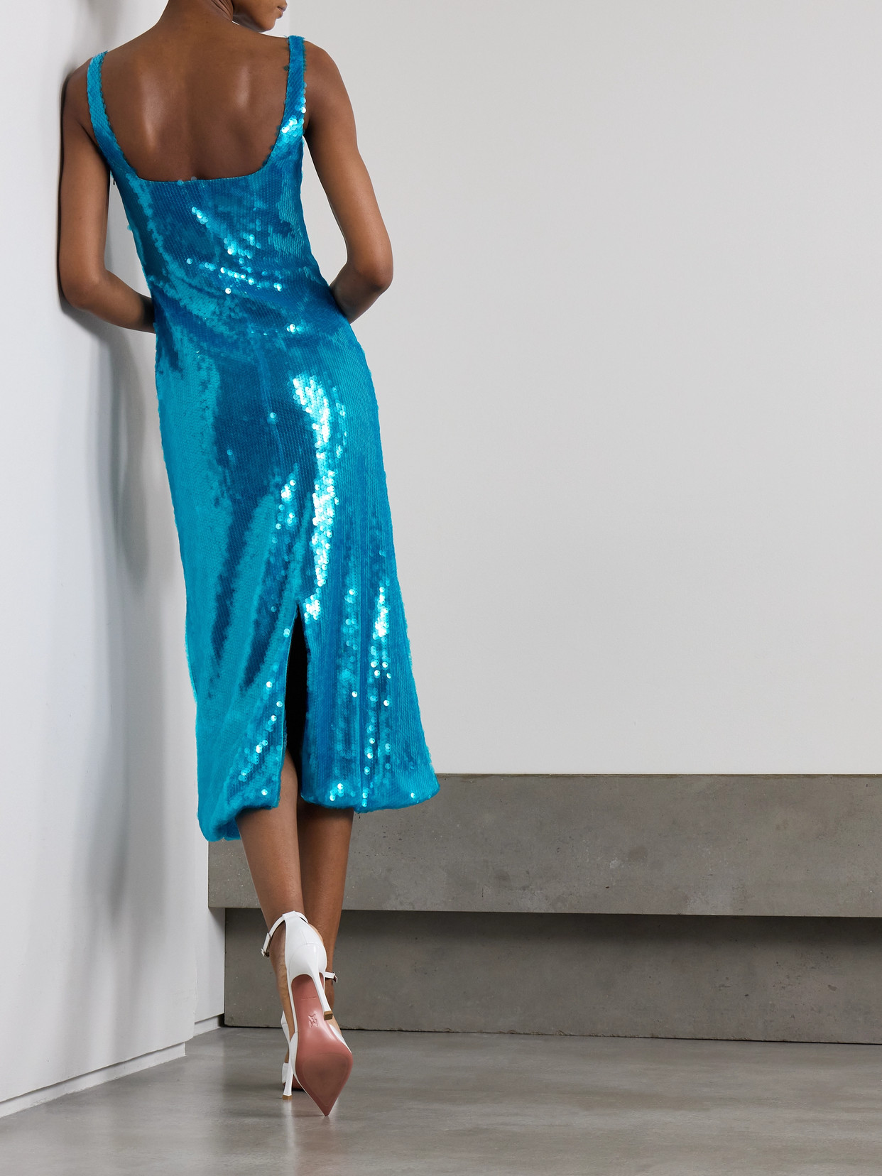 16arlington Sidd Gathered Sequined Mesh Midi Dress In Blue