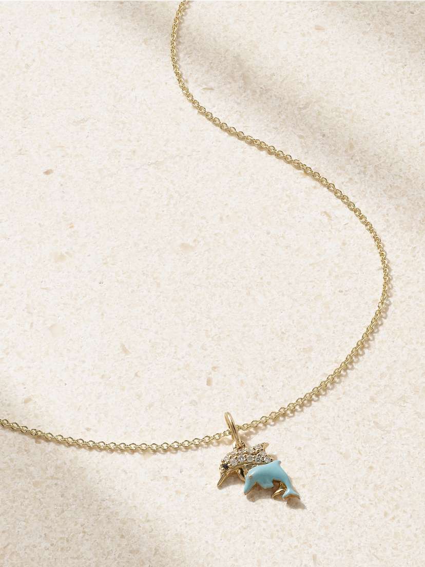 Sydney Evan Dolphin Family 14-karat Gold, Diamond And Enamel Necklace