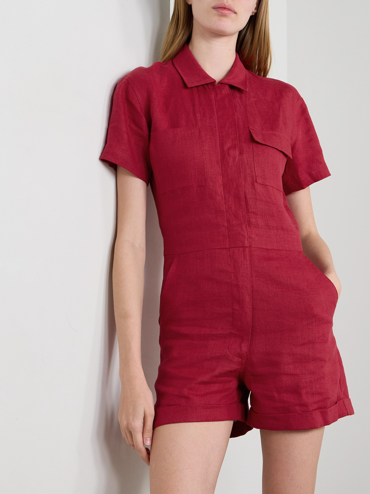 Rivet Utility Dreamer Linen Playsuit In Red
