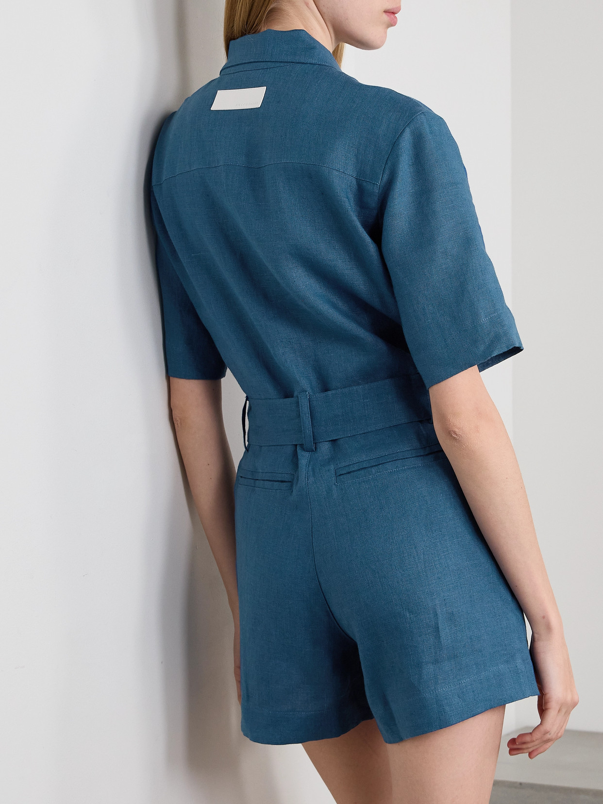 Rivet Utility Influencer Belted Linen Playsuit In Blue