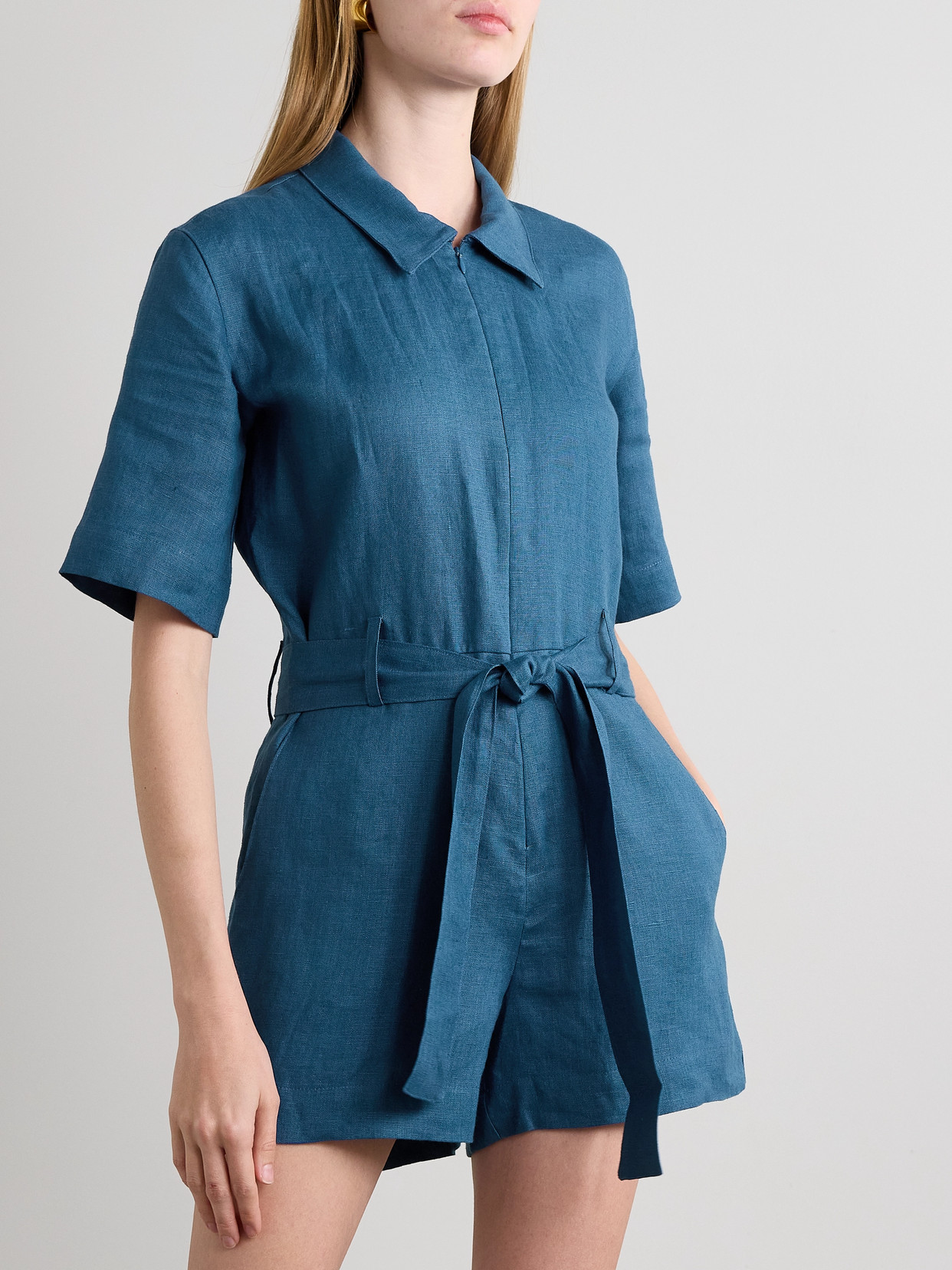 Rivet Utility Influencer Belted Linen Playsuit In Blue
