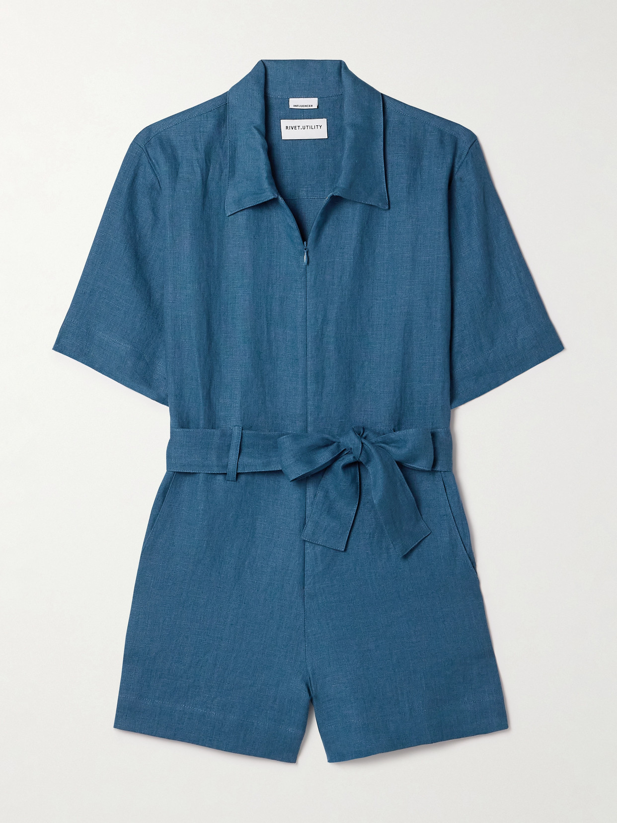 Rivet Utility Influencer Belted Linen Playsuit In Blue