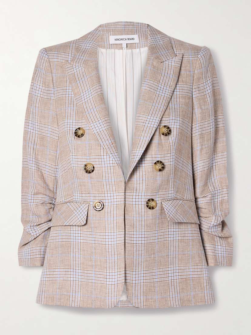 Veronica Beard Beacon Dickey Gathered Checked Linen Blazer