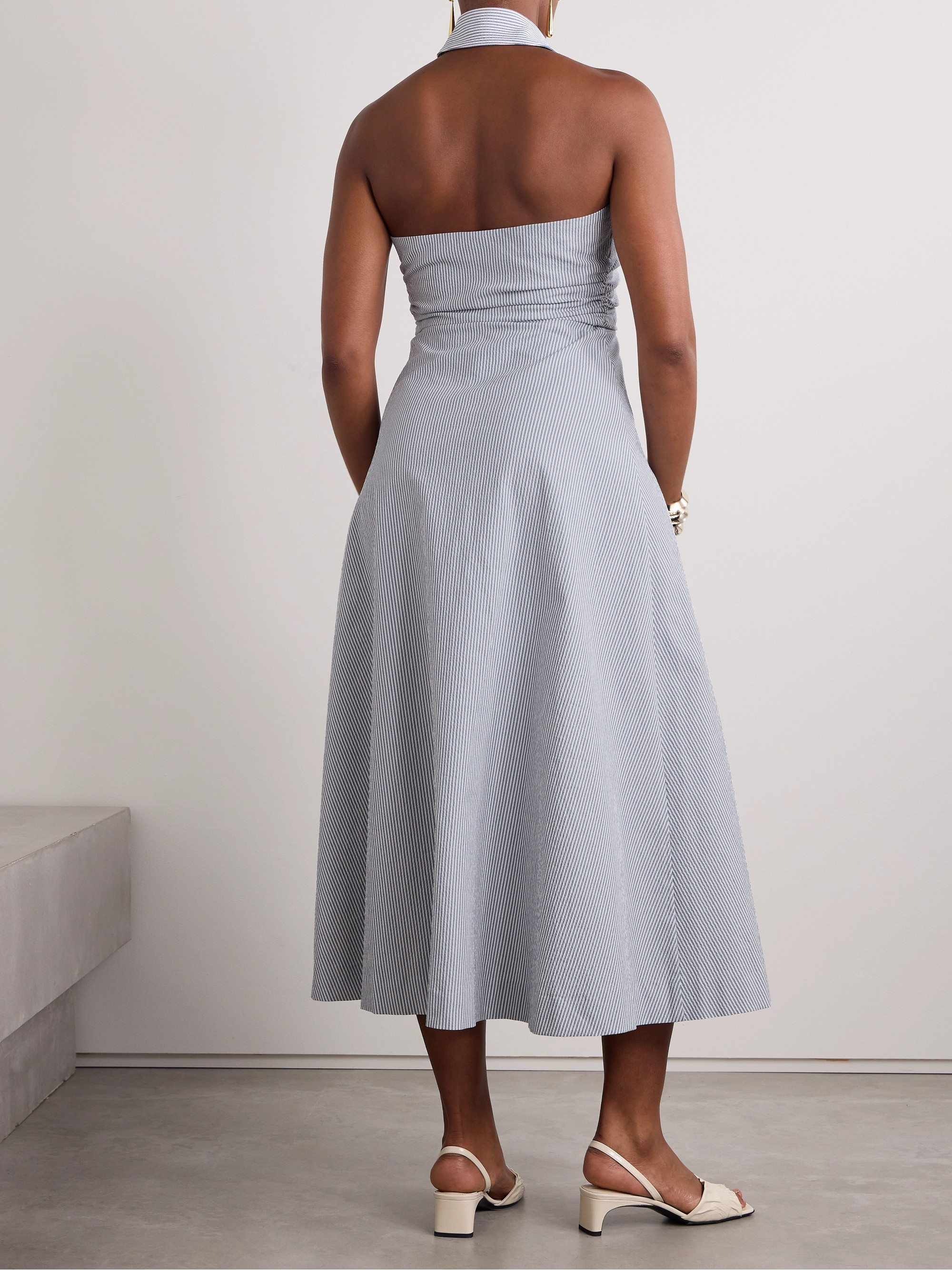 Veronica Beard Mackey striped cotton-blend seersucker halterneck midi dress thumbnail