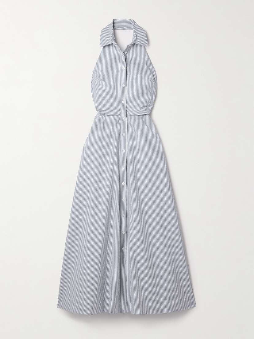 Veronica Beard Mackey Striped Cotton-blend Seersucker Halterneck Midi Dress