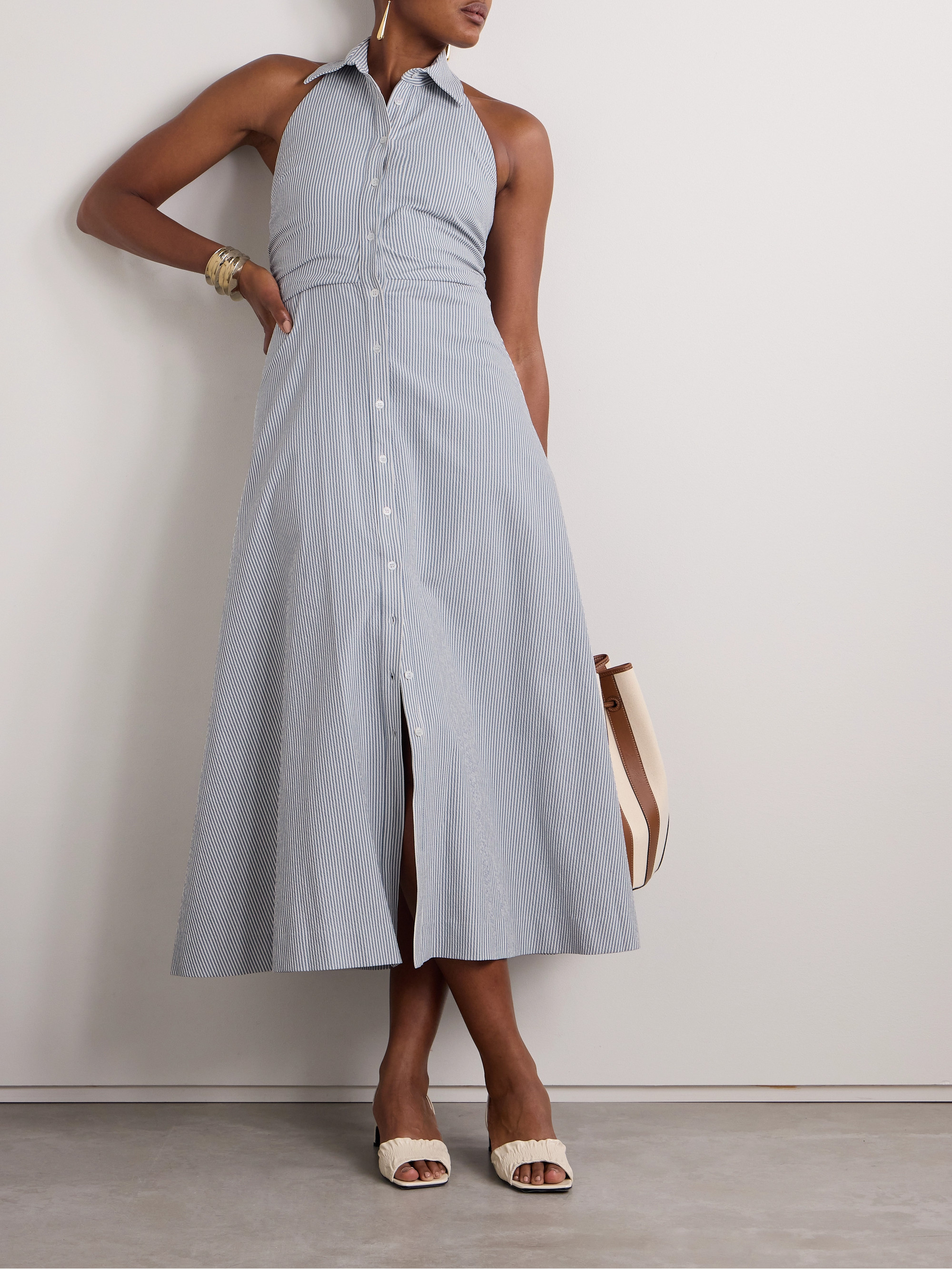 Veronica Beard Mackey striped cotton-blend seersucker halterneck midi dress