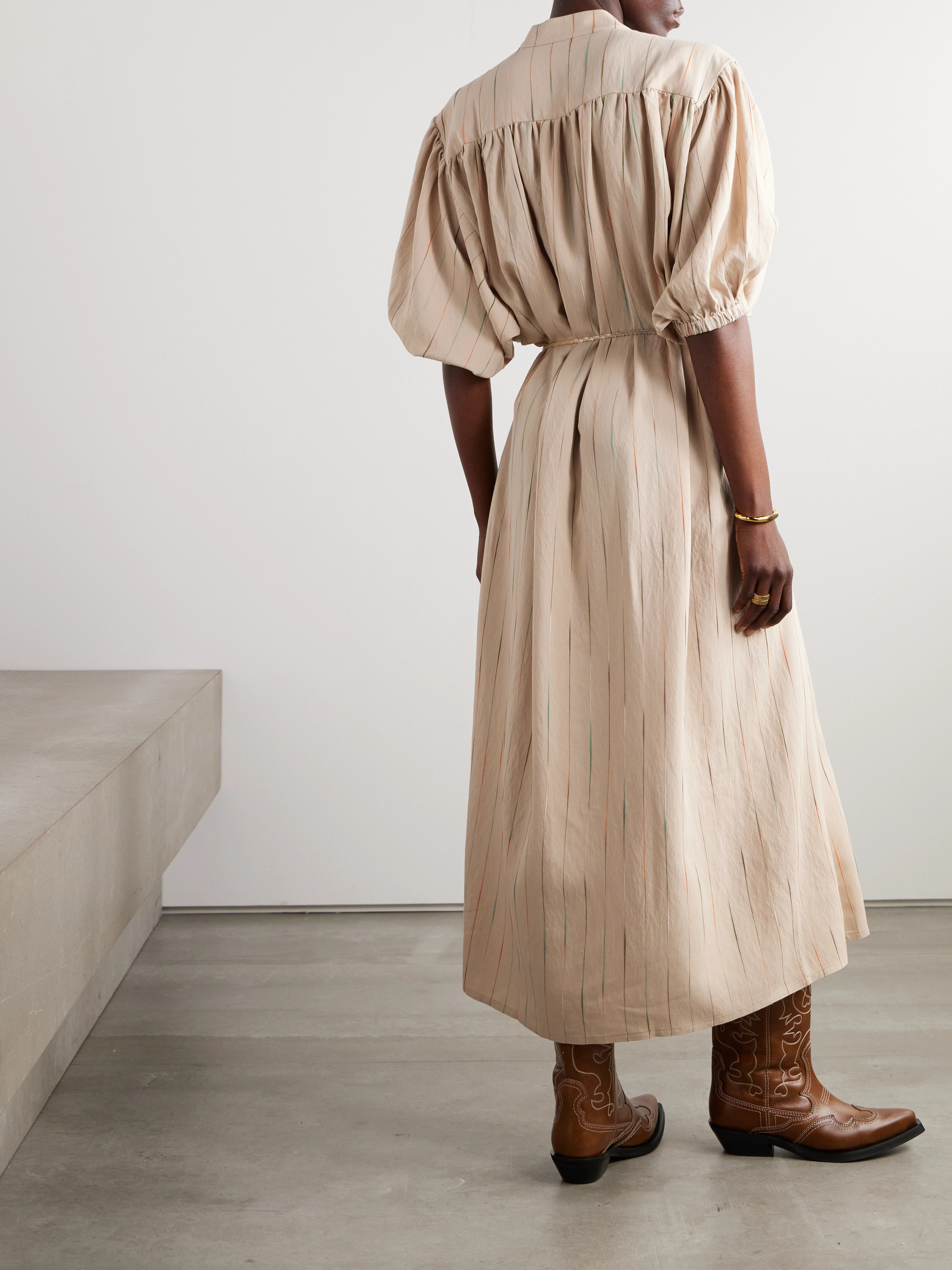 Fortela Belted appliquéd embroidered woven midi dress