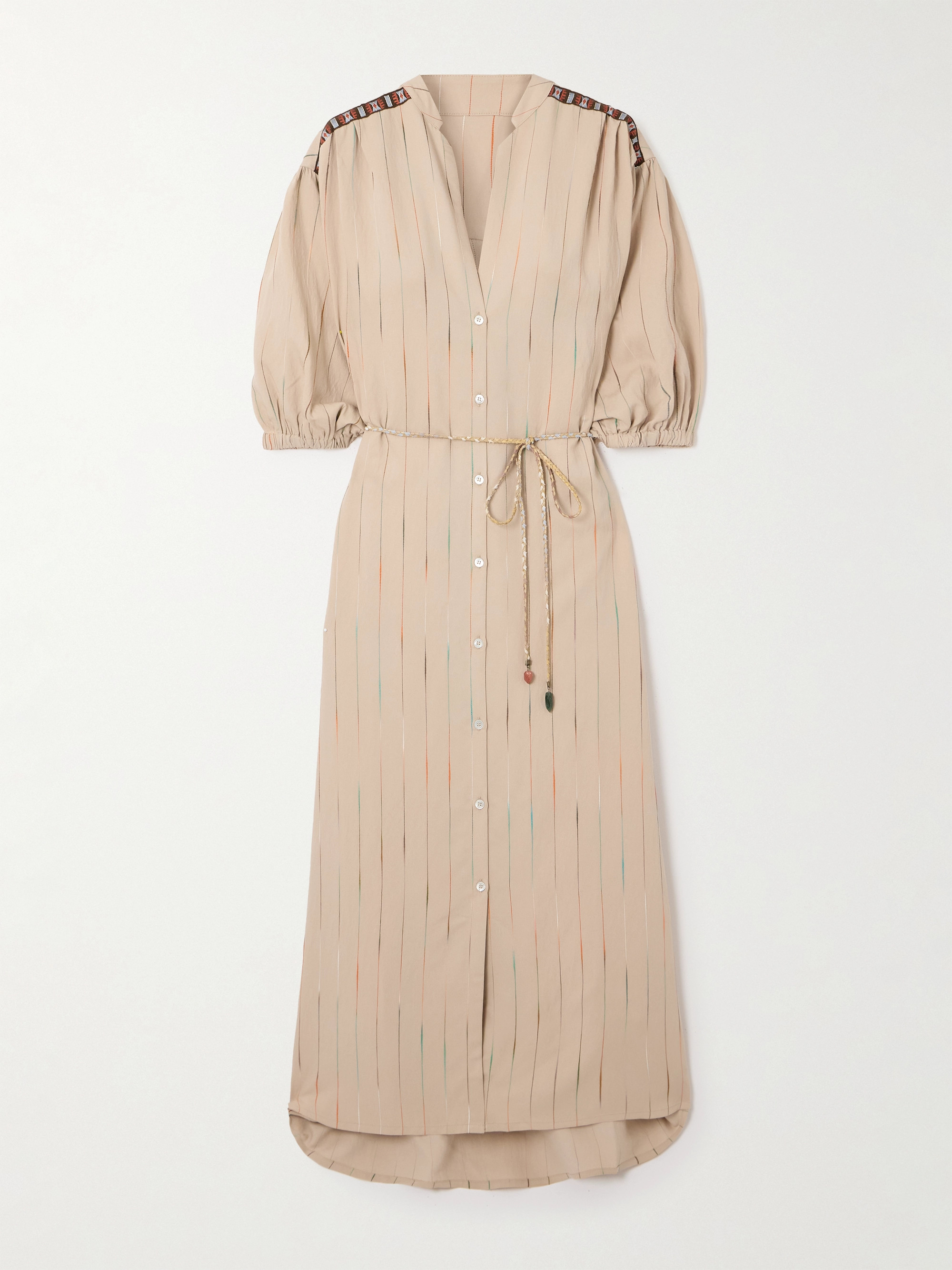 Fortela Belted appliquéd embroidered woven midi dress