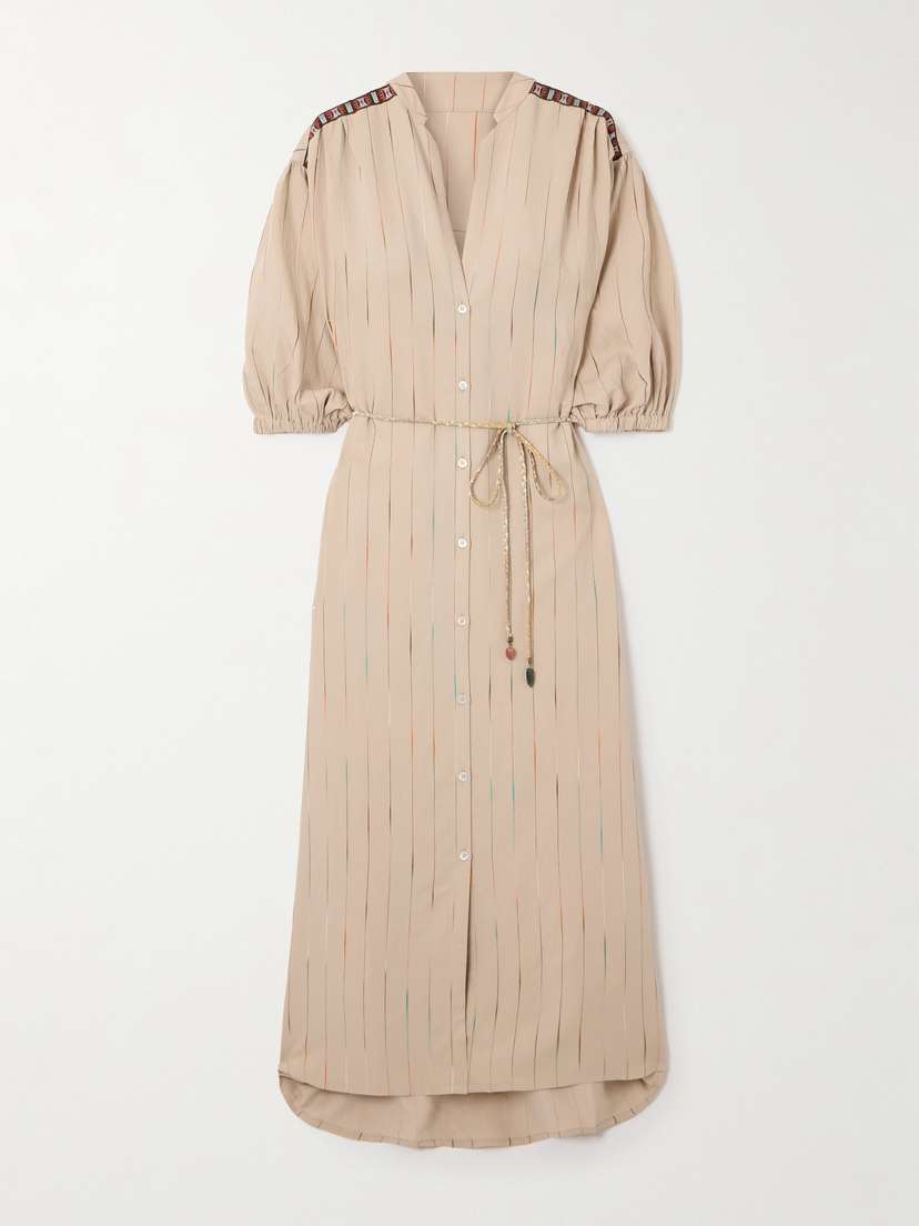 Fortela Belted Appliquéd Embroidered Woven Midi Dress