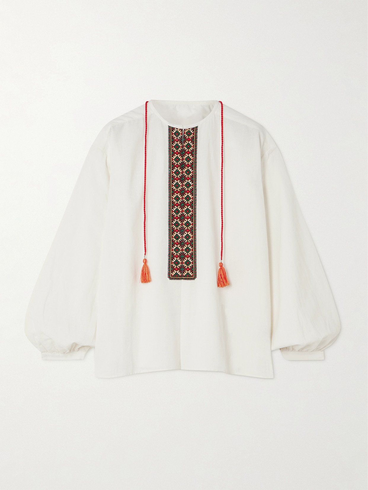 Fortela Tasseled Embroidered Cotton Blouse In White