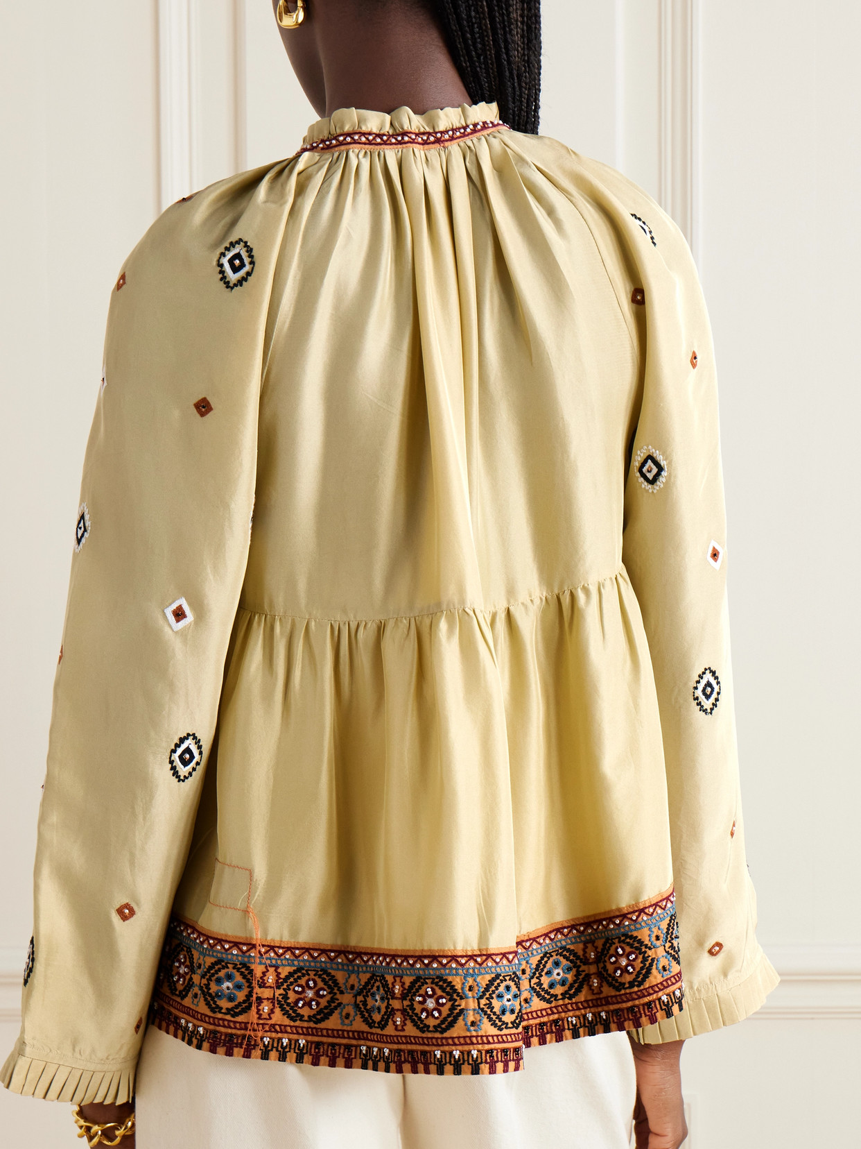 Tasseled Bead-Embellished Embroidered Silk-Shantung Blouse