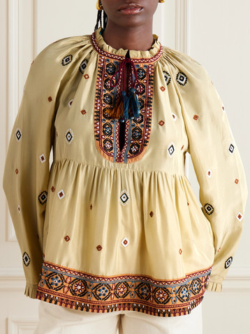 Fortela Tasseled bead-embellished embroidered silk-shantung blouse