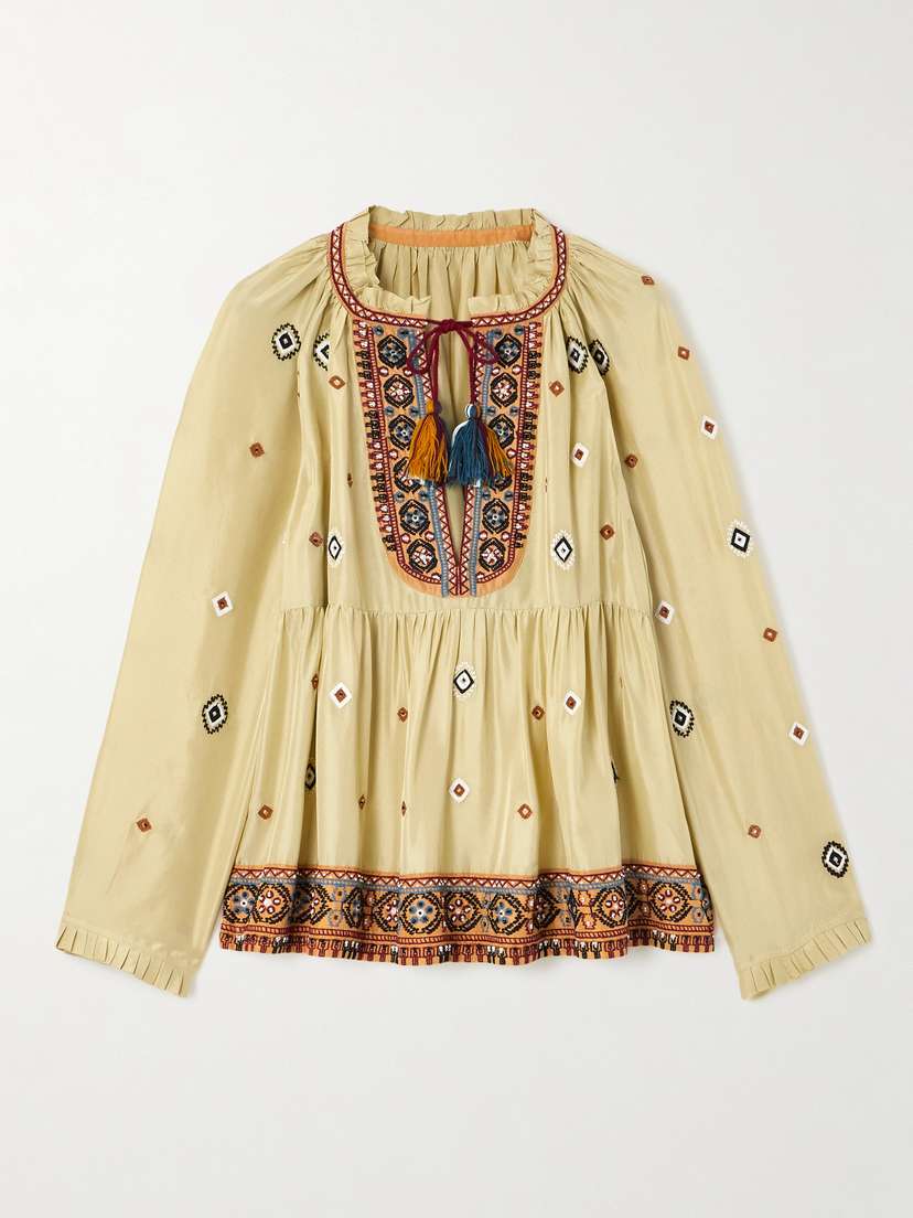 Fortela Tasseled Bead-embellished Embroidered Silk-shantung Blouse