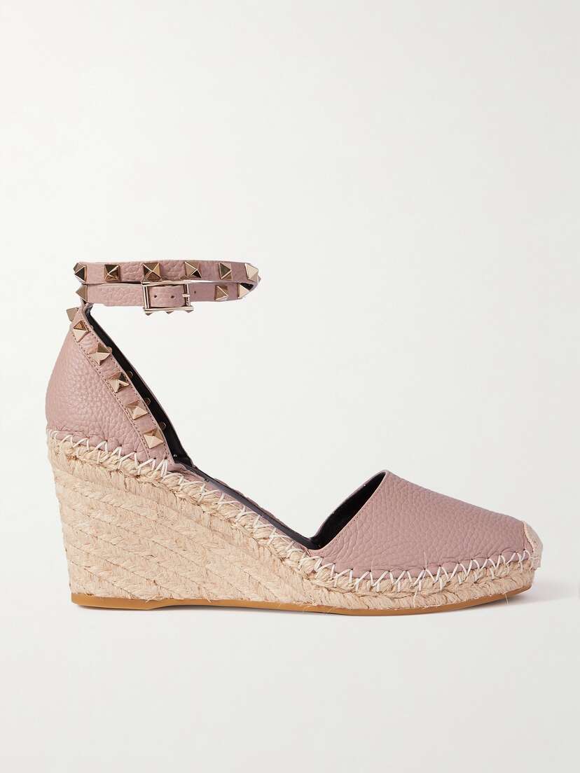 Valentino Garavani Rockstud 85 Textured-leather Wedge Espadrilles