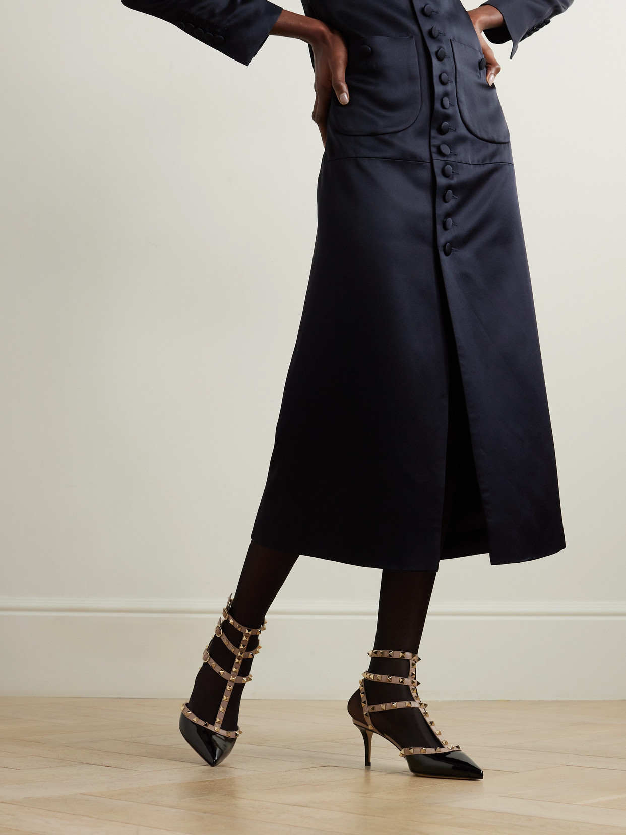 Valentino Rockstud Caged 65 Patent Ankle Strap Pump In Black