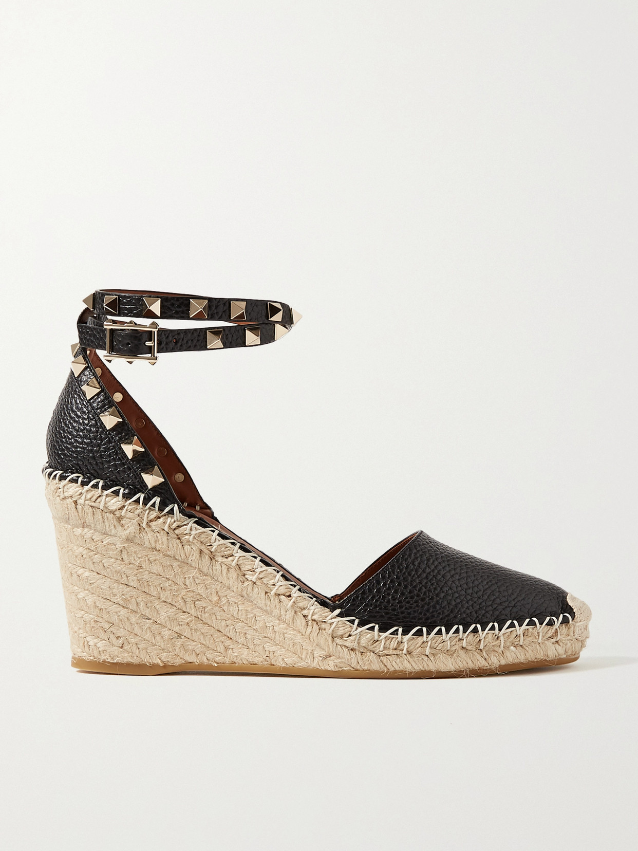 Shop Valentino Rockstud 85 Textured-leather Wedge Espadrilles In Black