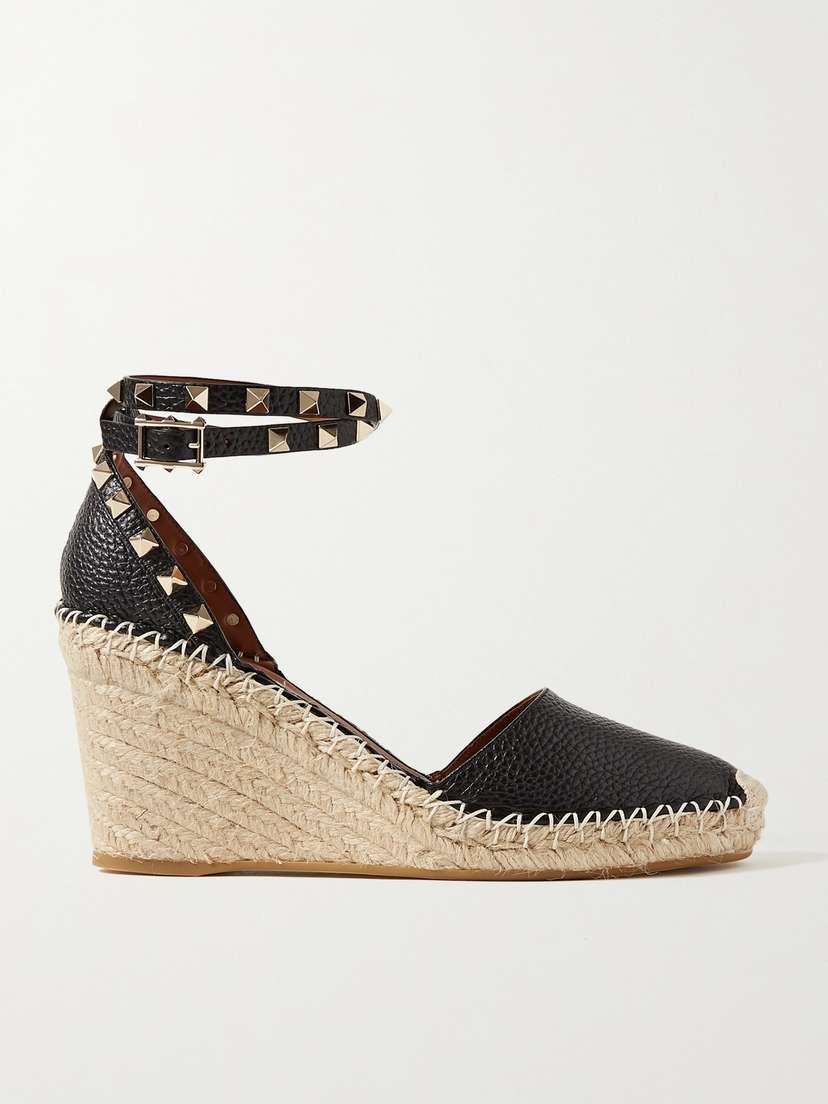Valentino Garavani Rockstud 85 Textured-leather Wedge Espadrilles