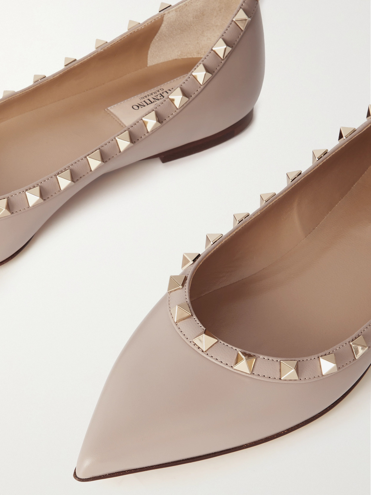 Shop Valentino Rockstud Leather Point-toe Flats In Neutrals